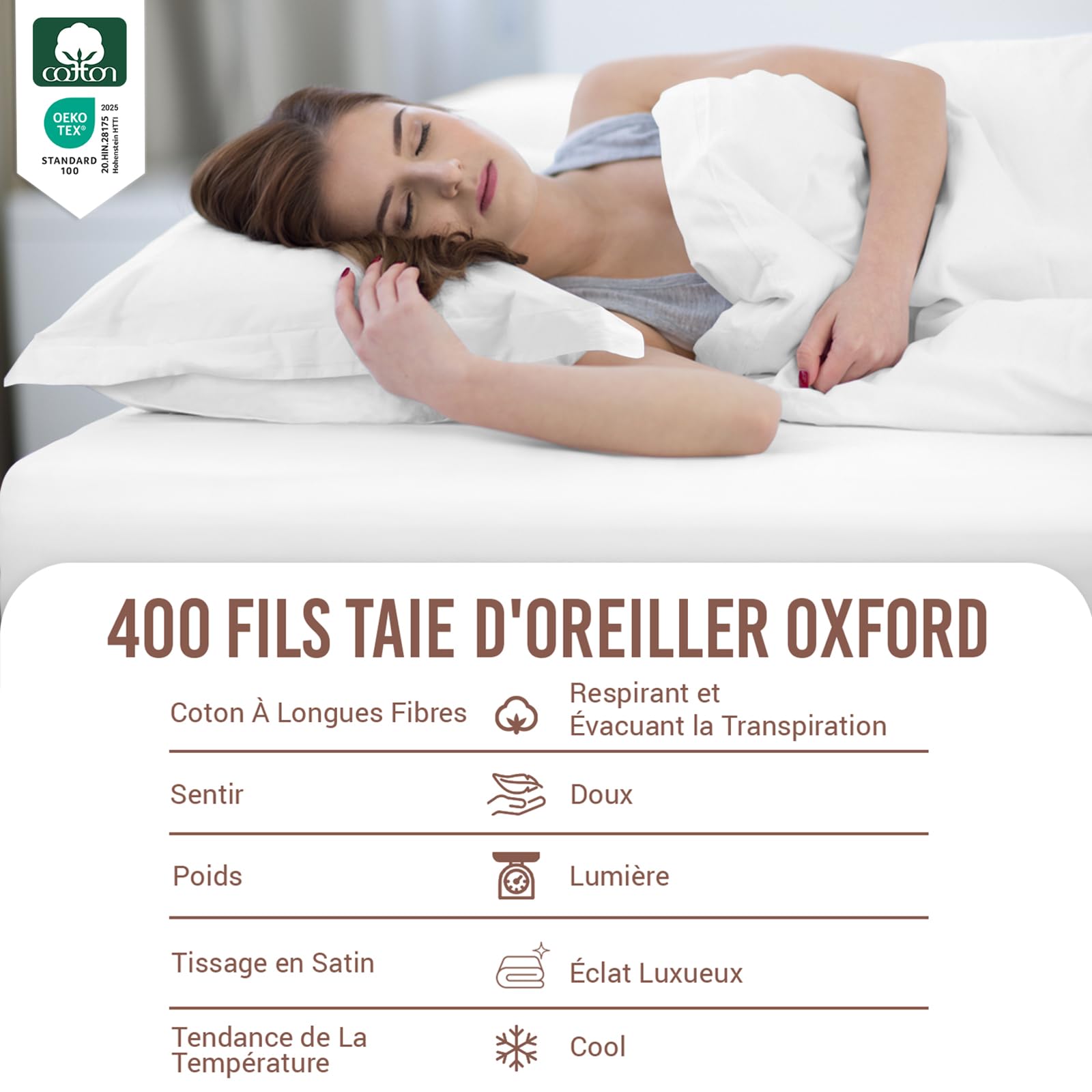 Pizuna Coton Peigné Set de 2 Taies d'oreiller 50x75 cm Blanc 400 Fils | 100% Coton Longue Tige Armure Satin Taies d'oreiller Douces 50x75 (Blanc Taies d'oreiller 2 Pièces)