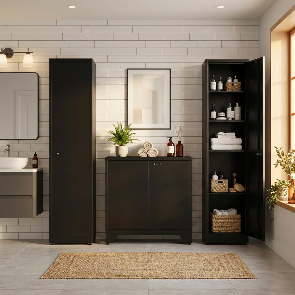 Spind Schrank, Mehrzweckschrank, Stahlschrank 40 cm breit, Aktenschrank Abschließbar mit 1 Tür & 4 Einlegeböden, Büroschrank für Ecke, Badezimmer, Küche, 180x40x35cm Schwarz