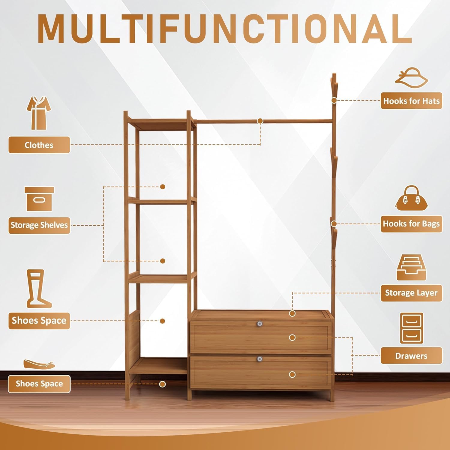 Upgraded Hanging Rack Clothing Rack with Drawers,39.37inch Solid Thickened Clothes Racks with Shelves,27.6inch Width Closet with Drawers,Clothes Racks for Hanging Clothes,Short Closet Dresser - Image 5