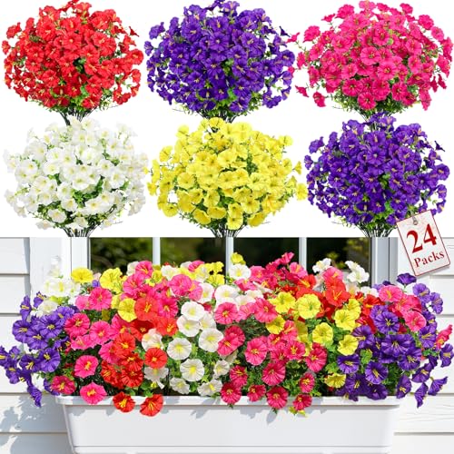 Alupssuc 24 Bundles Artificial Morning Glory Flowers UV Resistant for Outdoor Decor