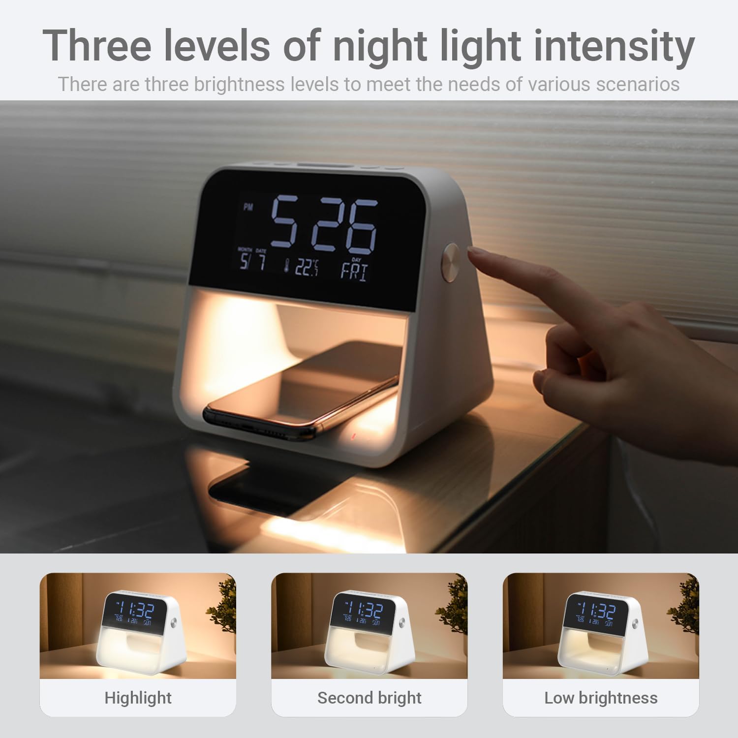 Digital Alarm Clocks for Bedrooms,15W Wireless Charging Station,Alarm Clock for Heavy Sleepers,3 Level Nightlight Adjustment Lamp for Bedside,LCD Temperature Display,Adapter and Charging Cable