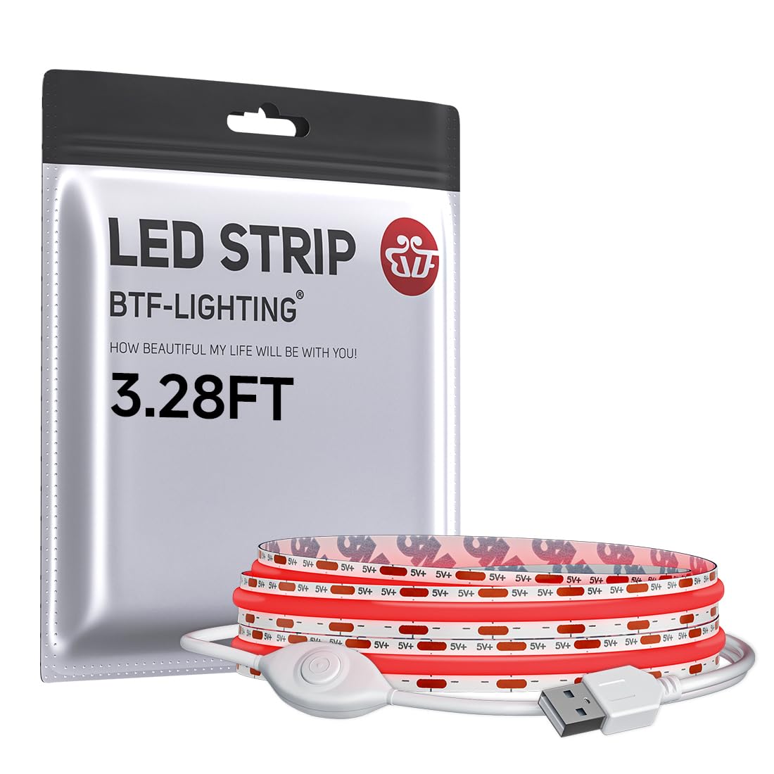 BTF-LIGHTING FCOB COB LED Strip Lights 5V USB Powered Red Color for TV