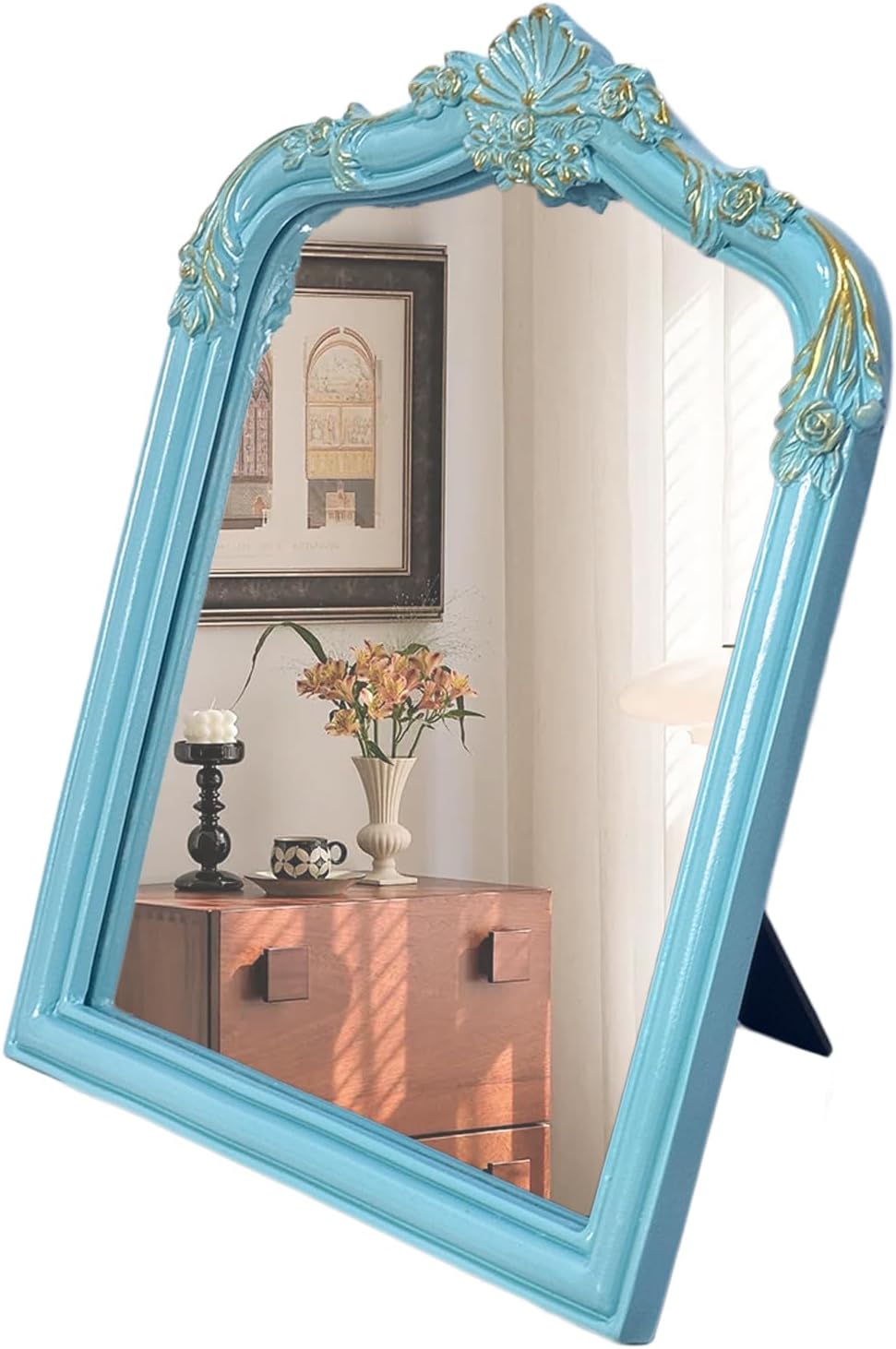 Vintage Carved Desk Mirror - 13x10 Inch Decorative Vanity Mirror for Makeup, Dorm, Bedroom & Tabletop Deco (Blue, 13" L x 10.2" W Flowers)