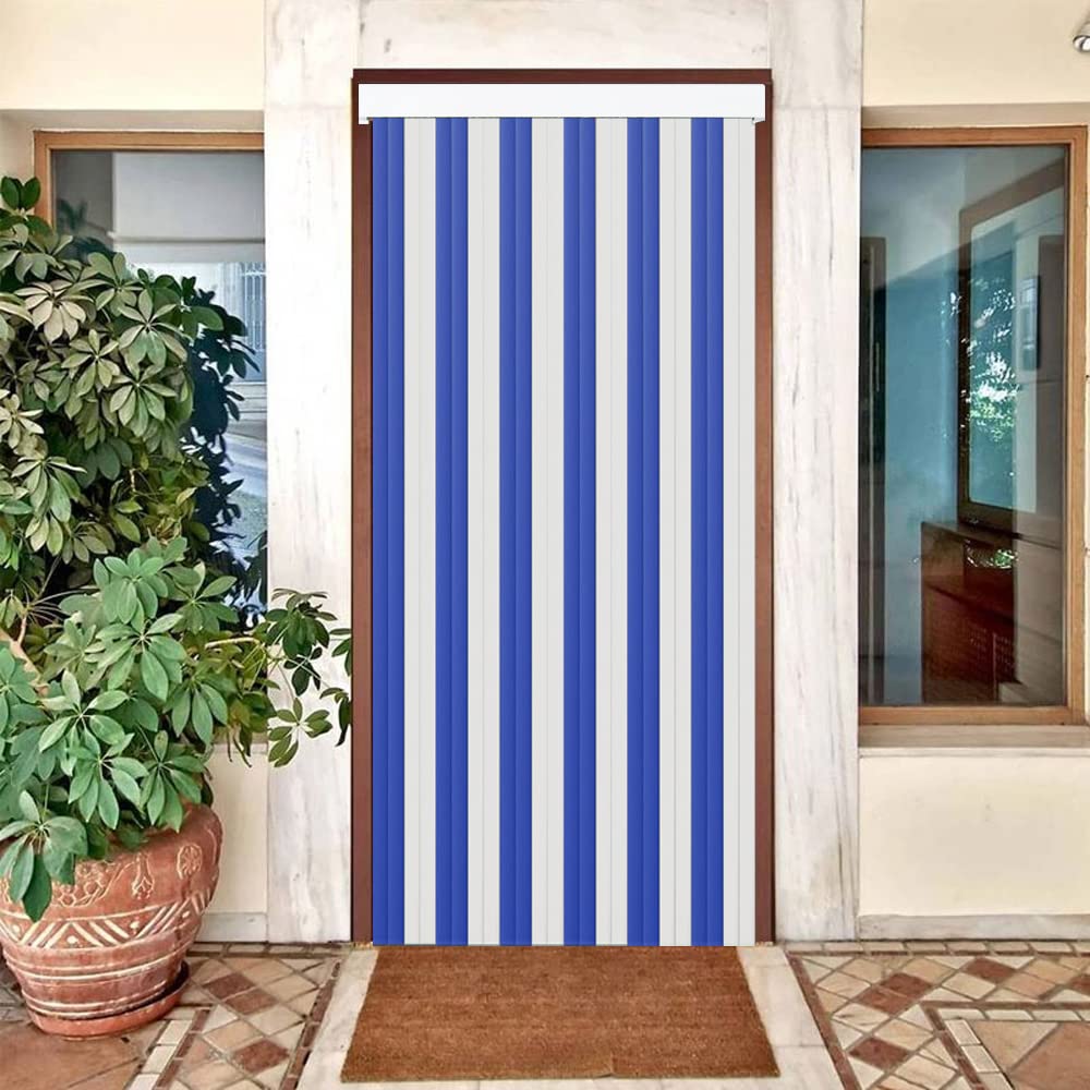 Cortina De Tiras Para Puerta Exterior Blanco Y Azul, Con Barra De Aluminio, Ideal Para Terraza, Jardín O Entrada, Anti Moscas Y Resistente Al Sol (100 Cm Ancho X 210 Cm Largo)