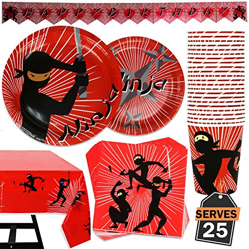 102-teiliges Set mit Ninja Geburtstag Zubehör, bestehend aus Banner, Tellern, Tassen, Servietten und Tischtüchern, für 25 Personen
