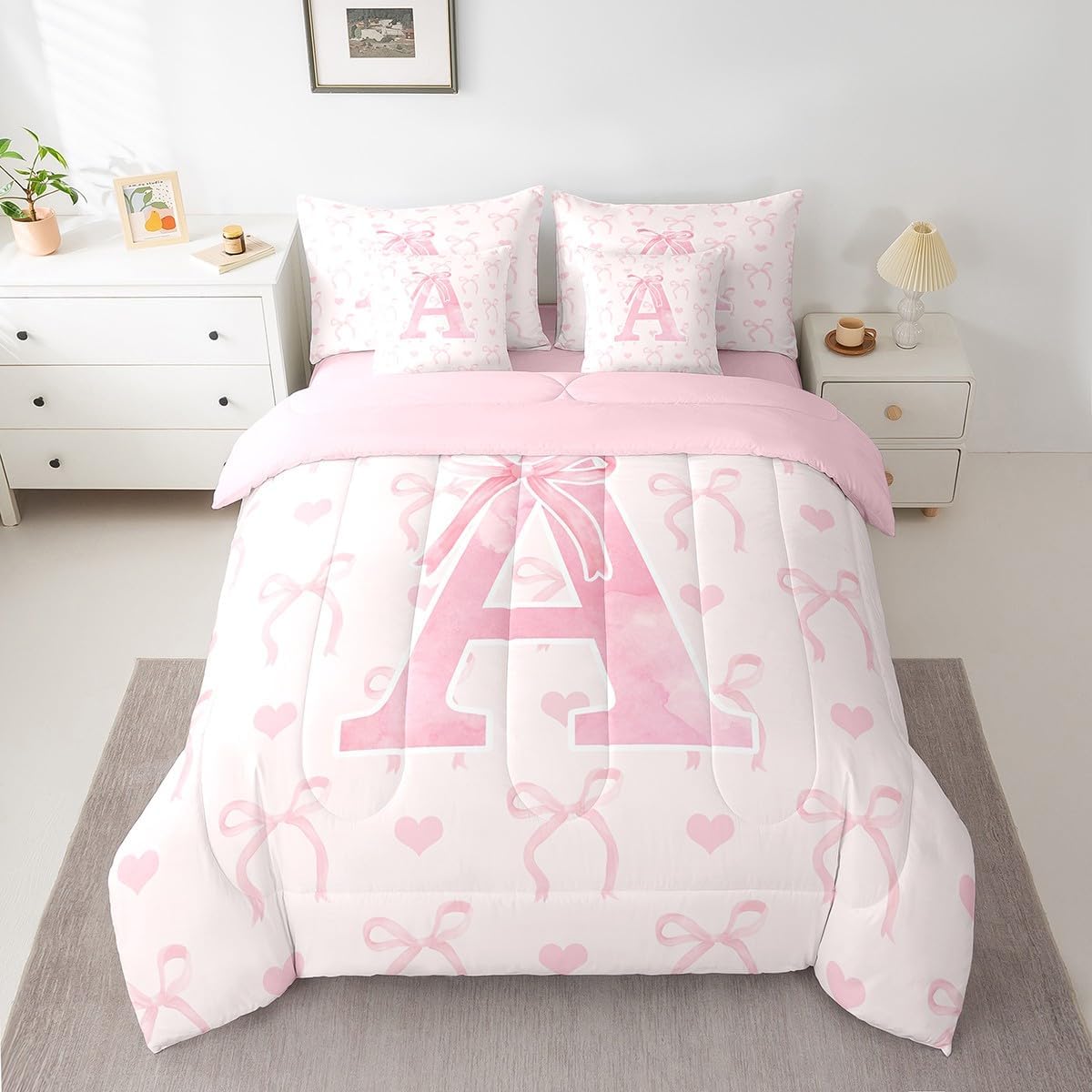 Erosebridal 7 Piece Initial Letter A Sheet Set Bed in A Bag Full Size for Girls Pink Alphabet Bed Set Romantic Butterfly Knot Comforter Kawaii Love Hearts Bowknot