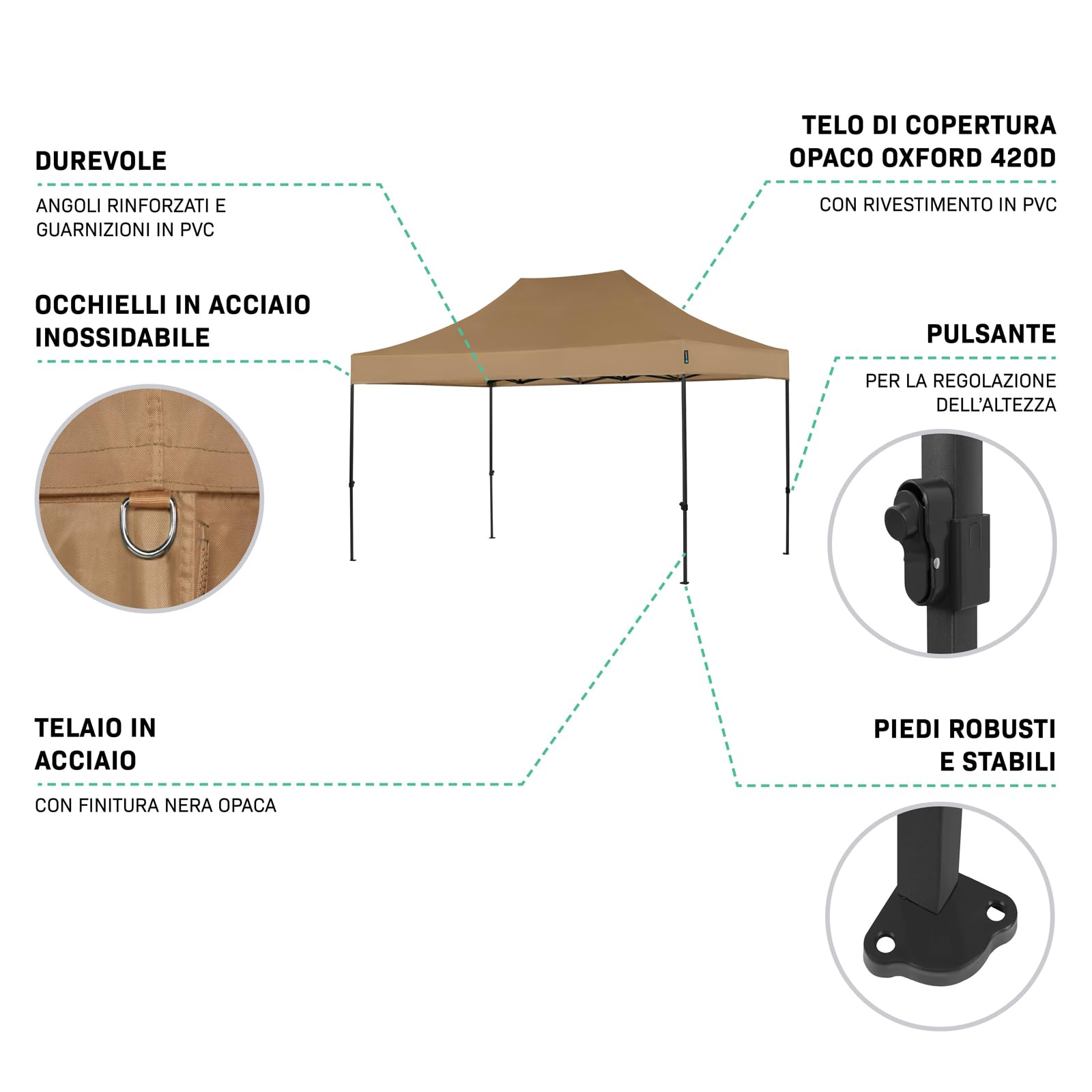 VONROC Tenda per Feste 3x4,5M – Gazebo Pieghevole Easy‑Up, Impermeabile 3000 PA, Protezione UV 50+, Struttura in Acciaio, Altezza Regolabile, con Borsa da Trasporto – Beige