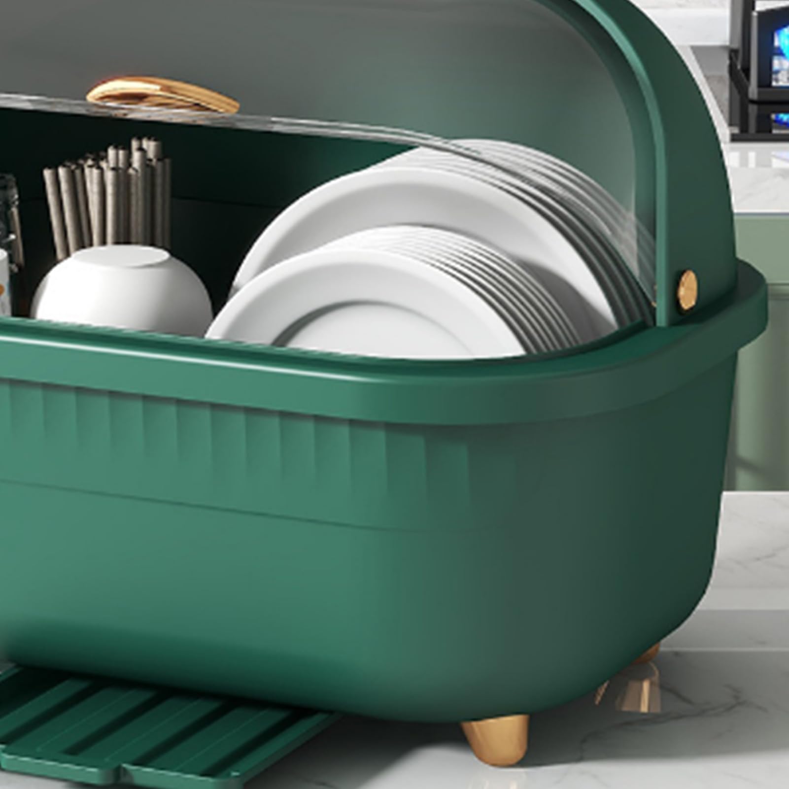 Multifunktionales Abtropfgestell mit Deckel, platzsparend, staubdicht, für den Heimgebrauch, großer grüner Geschirrtrockner für die Küche, unverzichtbares Küchenzubehör