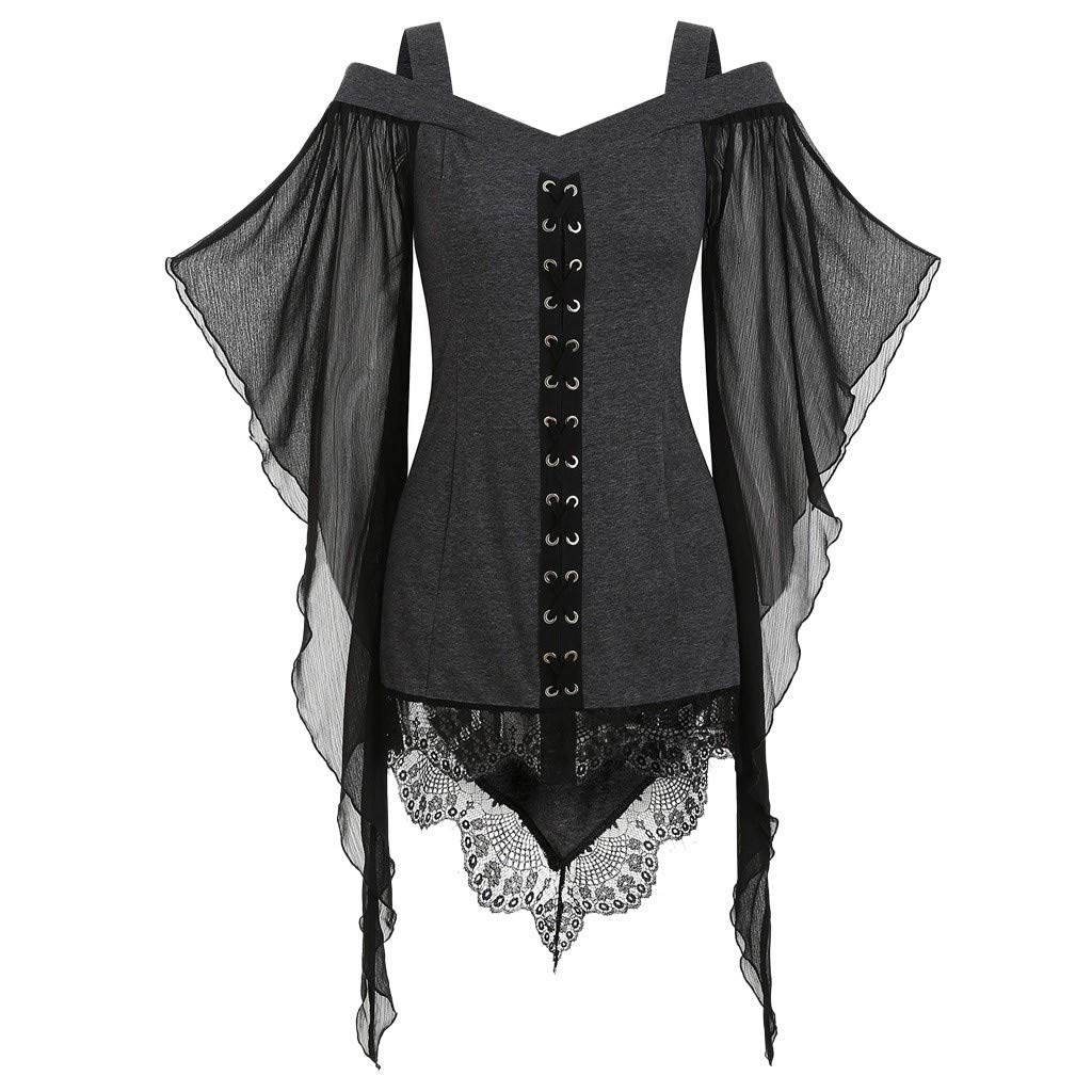 Halloween Kostüm Women Gothic Lace Insert Sleeve T-Shirt Plus Size Tops (Grey, XL)