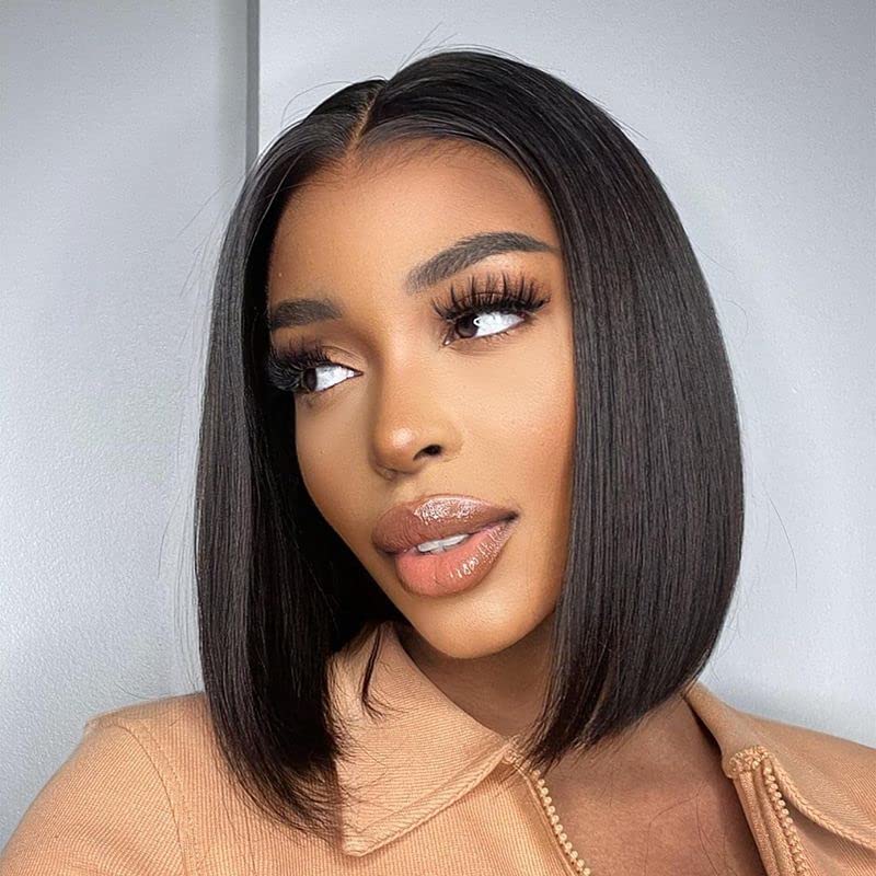 AISI QUEENS Black Bob Wig Short Straight Lace Front Wigs for Women Middle Part Synthetic Hair Wigs 150% Density Hair Heat Resistant for Daily Party Use