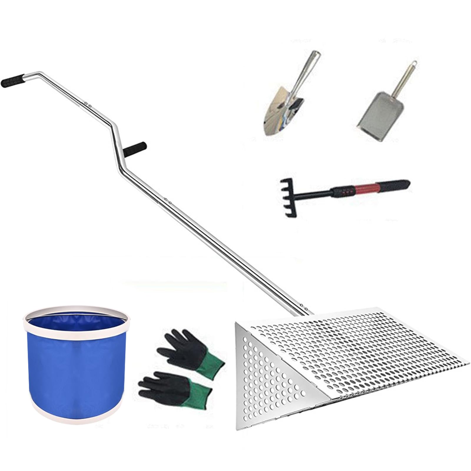 Colador de arena para playa de acero inoxidable con mango largo extraíble | Cubo plegable, pala y red, juego de rastrillo de arena para playa, pesca, camping y exterior