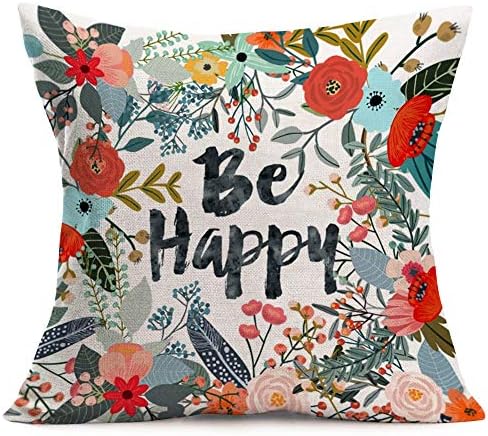 Aremazing Cotton Linen Home Farmhouse Decor Pillowcase Throw Pillow Cushion Cover 18 x 18 Inches Inspirational Letters with Beautiful Flowers/Leaves (Be Happy)