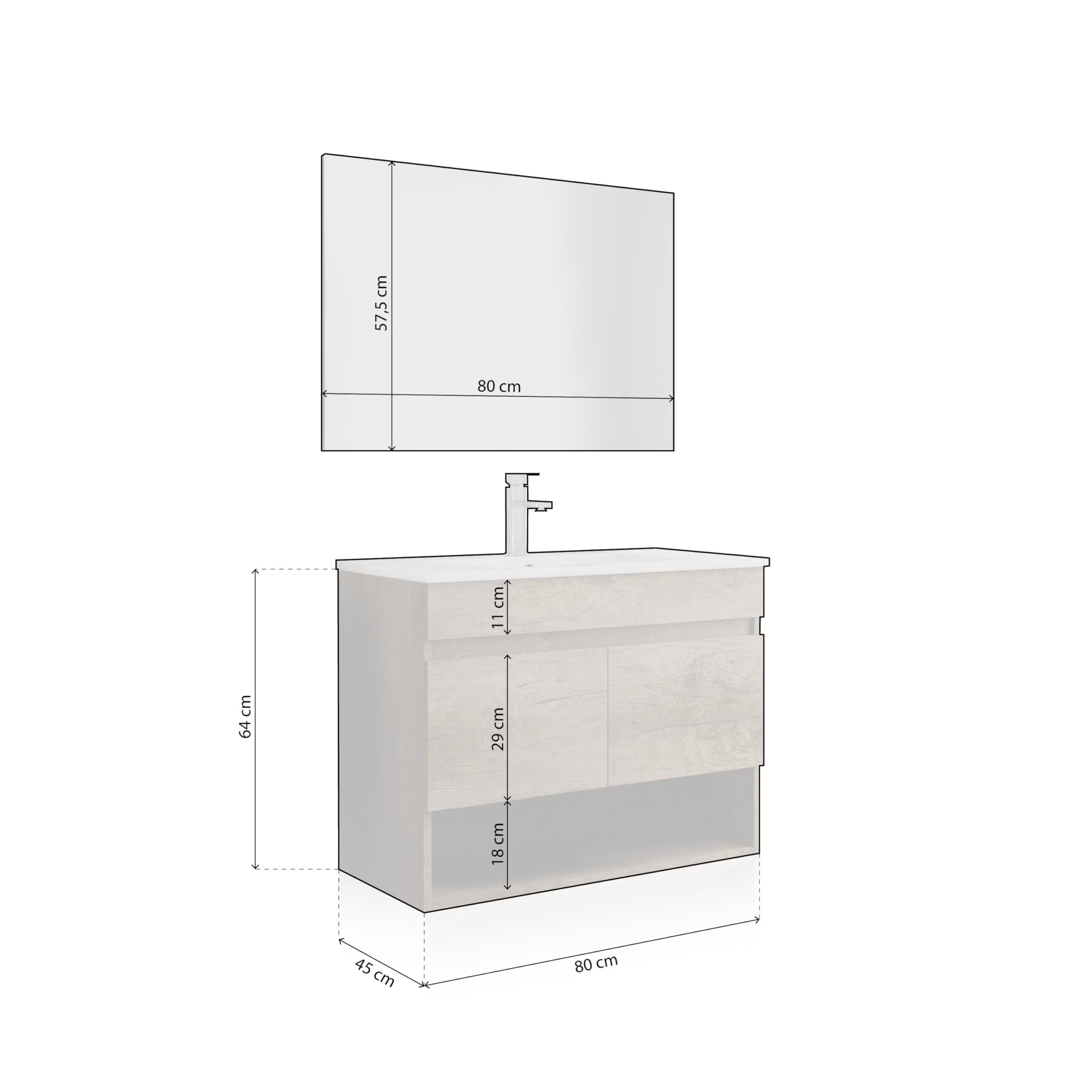 duehome | Mueble de Baño Suspendido con 2 Puertas y Espejo, Modulo Colgante, Modelo Thai, Acabado en Nordik, Medidas: 80 cm (Ancho) x 64 cm (Alto) x 45 cm (Fondo)