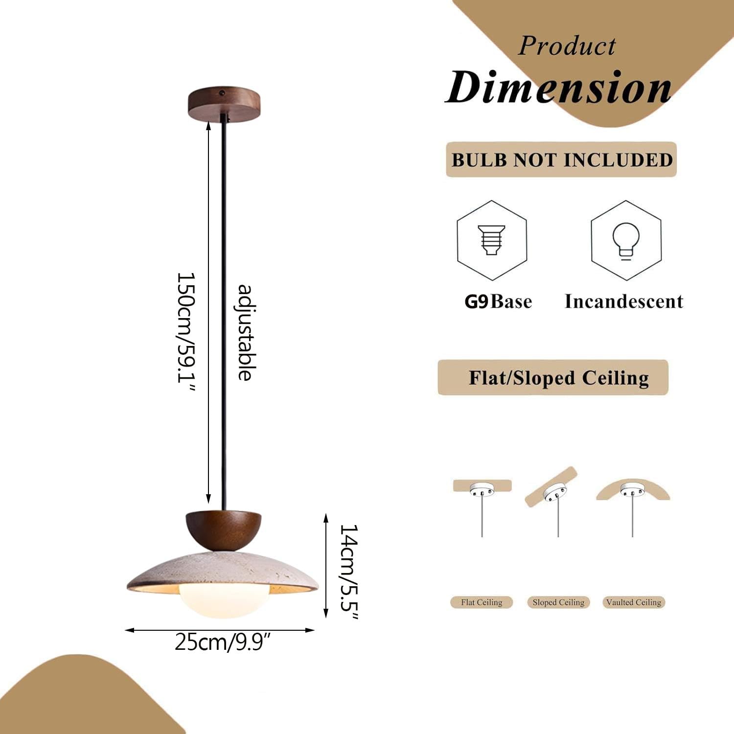 Generico Lampada A Sospensione Wabi A In Legno Di Travertino Giallo Da Soffitto Regolabile Nordica