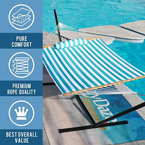 Image of Lazy Daze Hammocks 12FT Quilted Fabric Double Hammock with Spreader Bars and Detachable Pillow, 2 Person Hammock for Outdoor Patio Backyard Poolside, 450 LBS Weight Capacity, Sailor Stripe