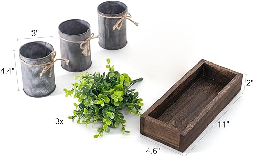 Miniatura 8 de Dahey Florero de metal con eucalipto artificial y centro de mesa, bandeja de madera con eucalipto artificial para decoración de granja