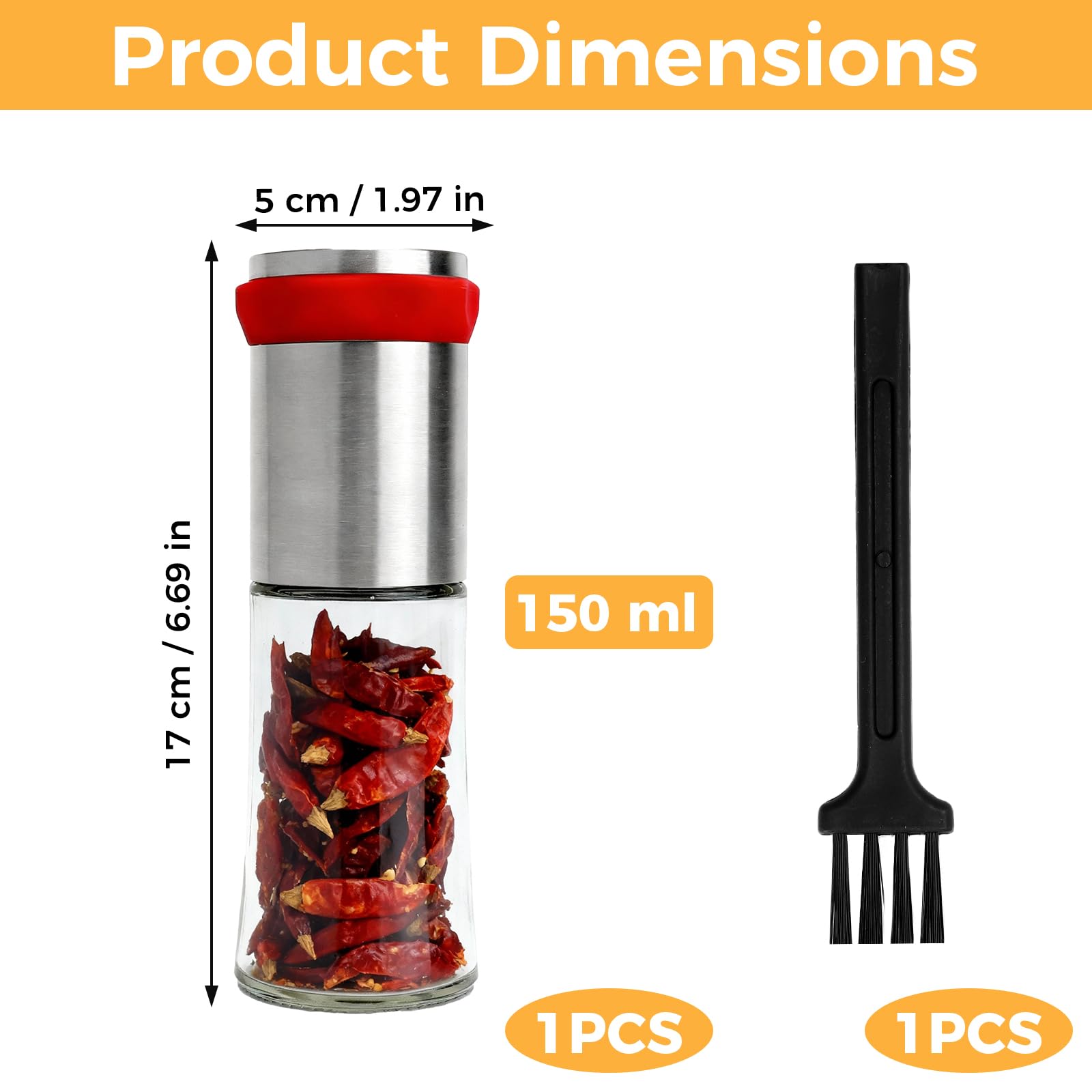 Moulin à Épices Inox avec 1 Brosse, 150ml Moulin Manuel en Verre Transparent, Broyeur Inox Réglable pour Piment, Poivre, Herbes Séchées, Graines, pour Cuisine et Barbecue