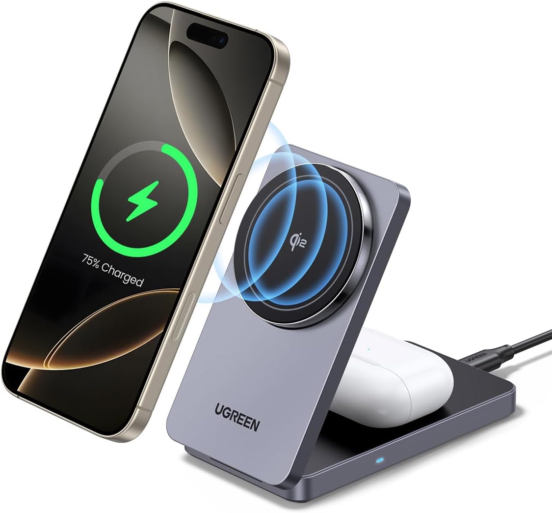 UGREEN MagFlow Qi2 MagSafe Charger, 15W Wireless Charging Stand, 2-in-1 Magnetic Holder Compatible with iPhone 16/15/14/13/12 Series, AirPods 4/3/2/Pro