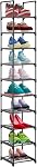 10 Rack de chaussures de niveau, organisateur de rangement de chaussures Tall, étagère de support de chaussures verticales, tour de chaussures étroite pour placard, salon, chambre à coucher, entrée, salle d'épicerie, noir
