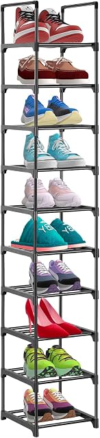 10 Rack de chaussures de niveau, organisateur de rangement de chaussures Tall, étagère de support de chaussures verticales, tour de chaussures étroite pour placard, salon, chambre à coucher, entrée, salle d'épicerie, noir