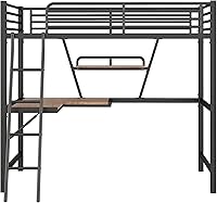 Vista 9 de Cama alta de metal individual con escritorio y estante, cama alta resistente tamaño individual con escaleras, barandilla de seguridad