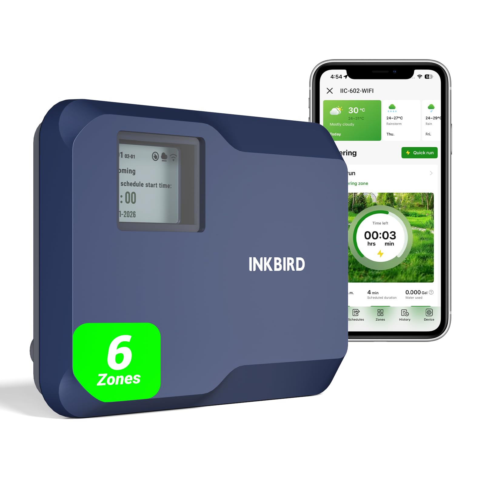 Inkbird IIC-602 Centralina Irrigazione WiFi 6 Zone,16 Programmi di Irrigazione,Funzione Meteo Intelligente per Risparmio Idrico,Supporta Modalità Manuale/Automatica,Centralina Irrigazione per Giardino