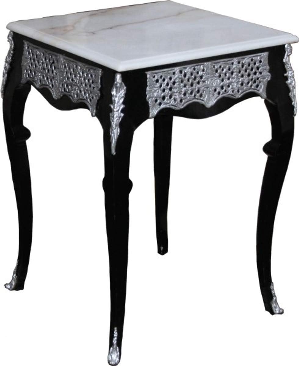 Casa Padrino Baroque side table with marble top height 80 cm, width 55 cm, Black/White/Silver - Antique style