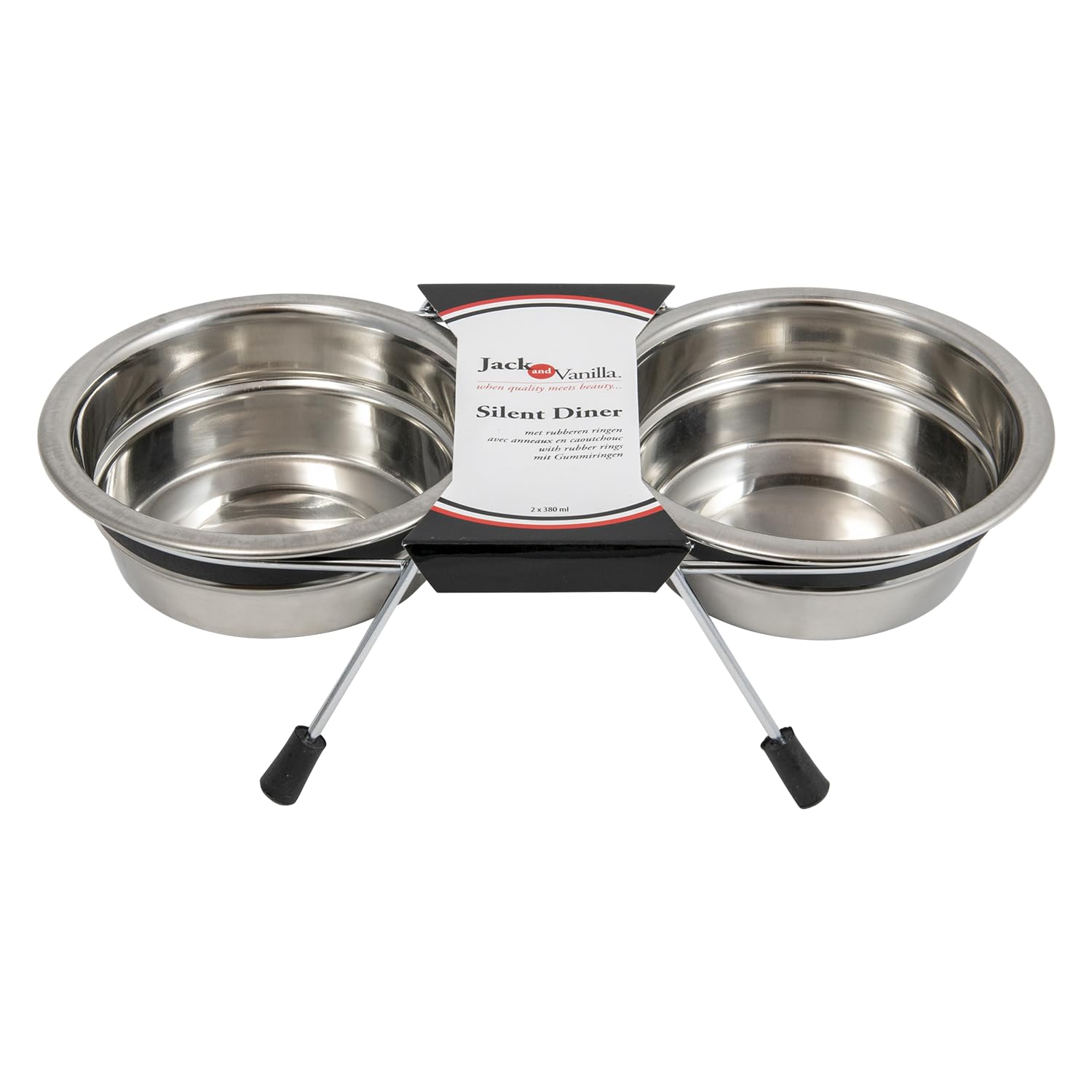 JACK AND VANILLA, Bon Appetit Stainless Steel Silent Pet Bowl Set, Stylish Design, Easy to Clean, Capacity 2 x 380 ml, Ideal for Small and Medium Animals, Silver, Model Bon Appetit
