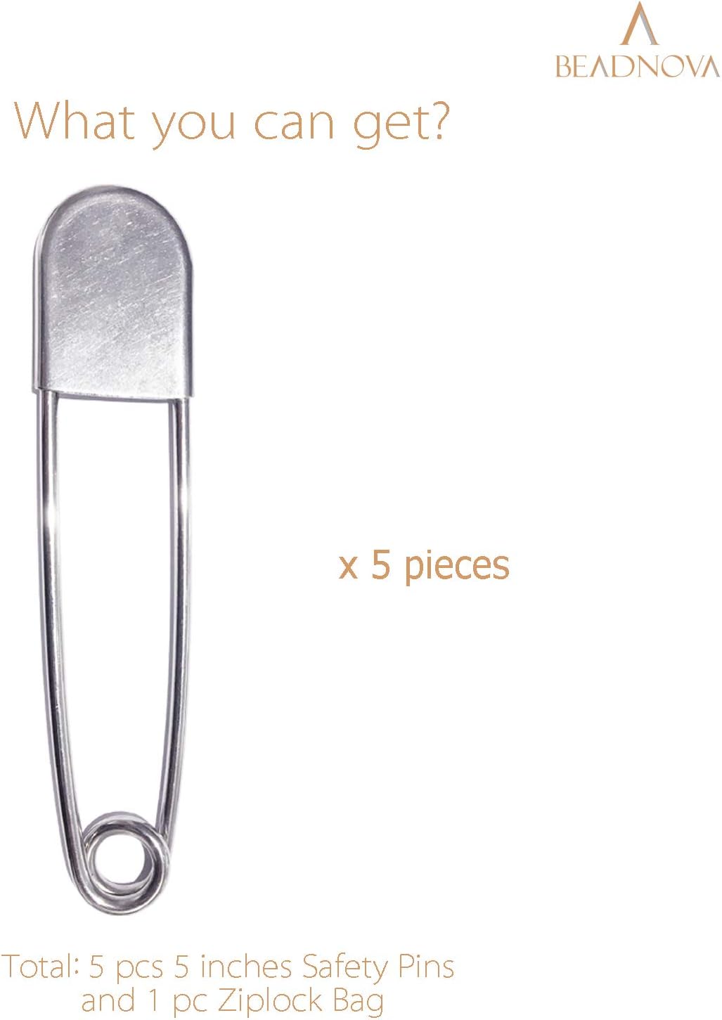 BEADNOVA 5 Inch Large Safety Pins for Clothes Big Heavy Giant Safety Pin for Fashion, Sewing, Quilting, Blankets, Upholstery, Laundry and Craft (13cm, 5pcs)