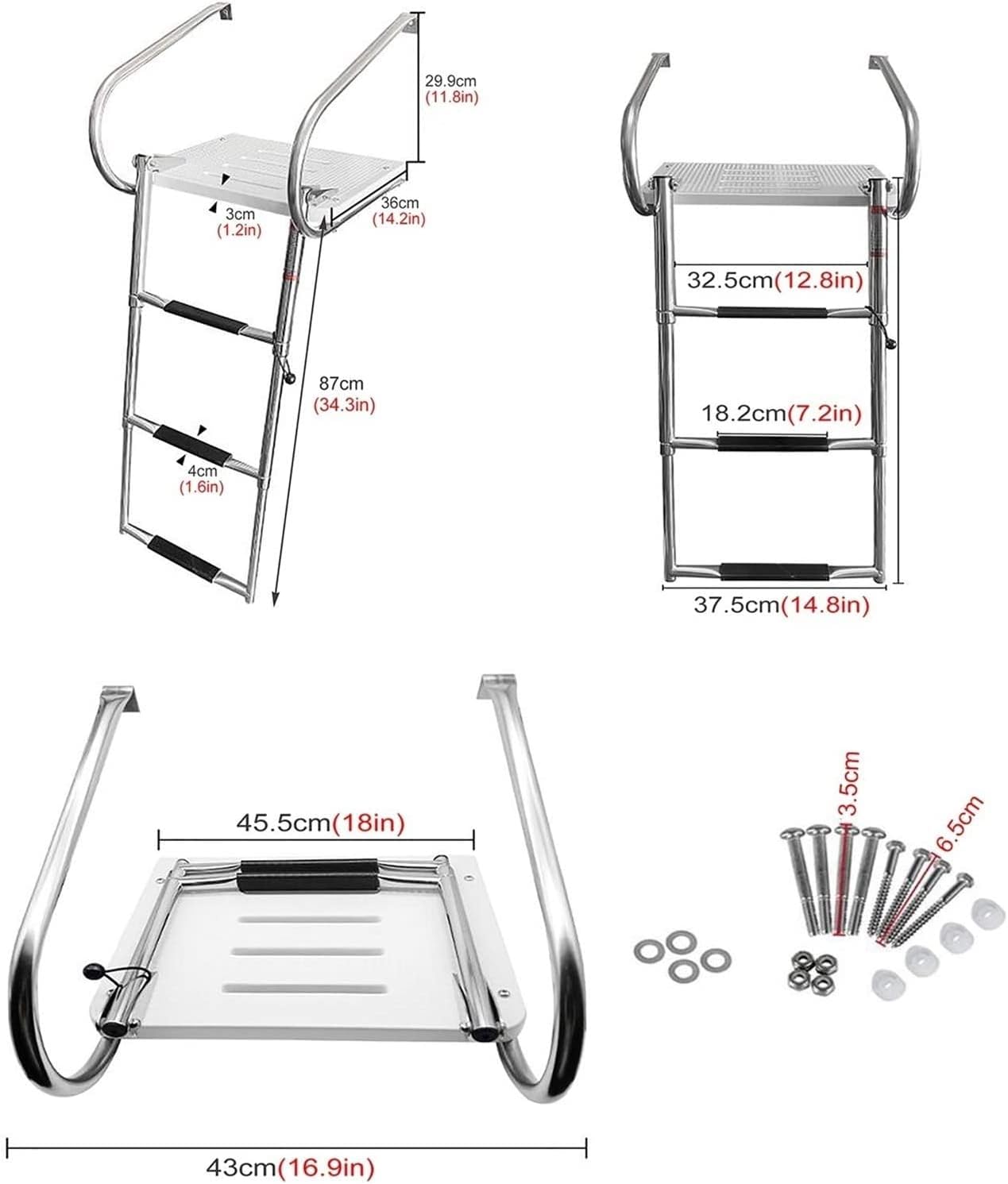 Dock Boat Ladders Telescoping 3 Step Boat Ladder with Swim Platform & Handle, Stainless Steel Pontoon Marine Yacht Ladder, Collapsible Dock Ladder
