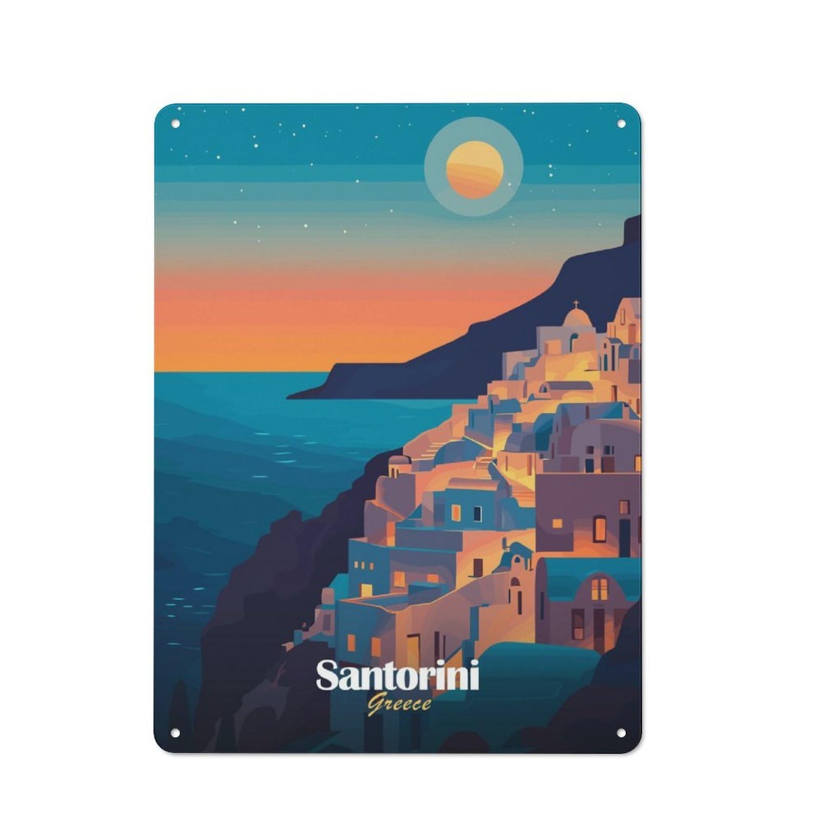 Junmoney Santorini Sunset Retro Metal Wall Sign 40X30cm Featuring For Hallway Wall, For Garage, Workshop And Man Cave Decoration