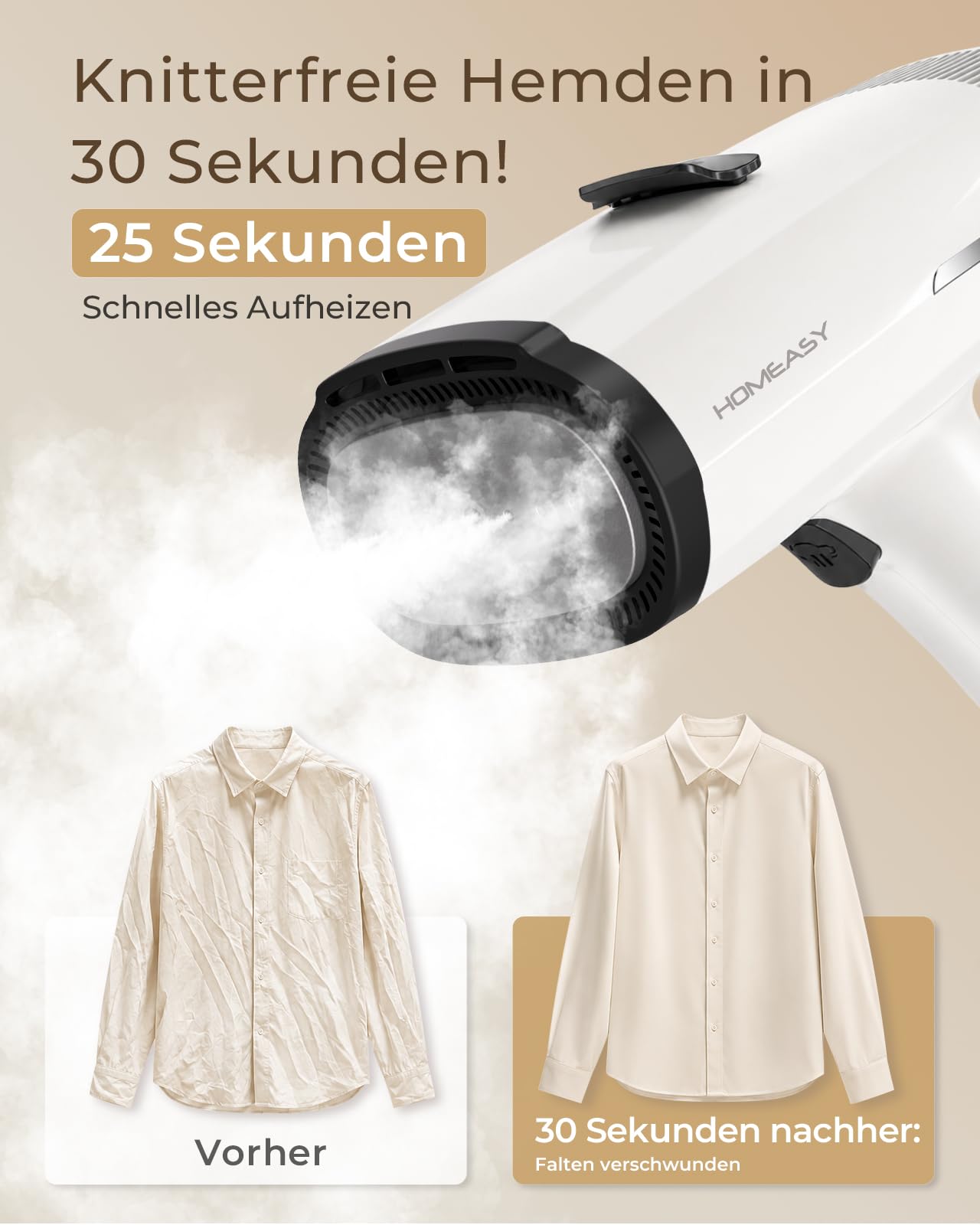 HOMEASY Dampfglätter mit Saugfunktion für Kleidung 6000Pa Vakuum Technologie 25s Schnellaufheizung 2 Dampfstufen 270ml Wassertank Handdampfglätter für Zuhause Reisen Hemden Anzüge