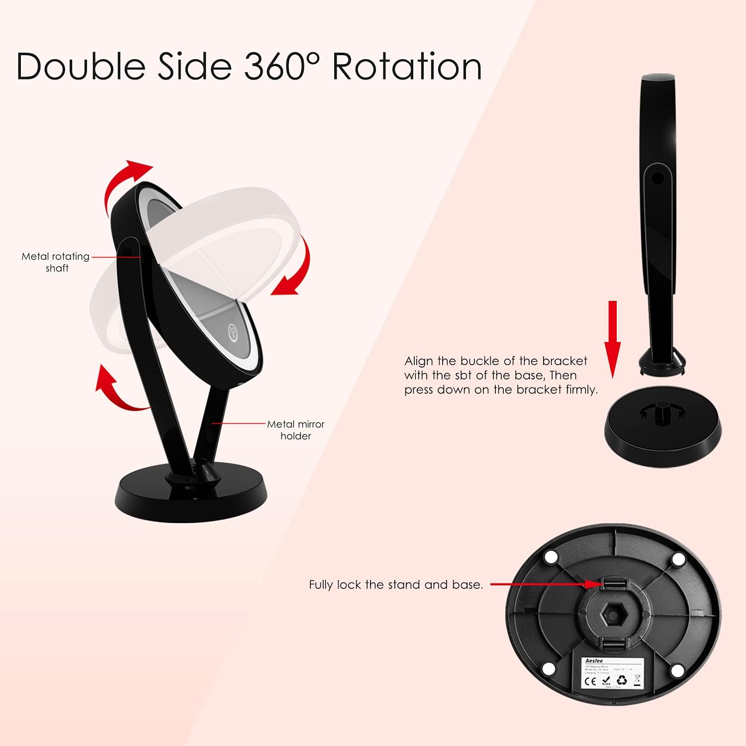 Aesfee Double-Sided 1x/7x Magnification LED Makeup Mirror with Lights, Lighted Vanity Magnified Mirror USB Chargeable, Touch Sensor Control 3 Light Settings Illuminated Countertop Mirrors - Black : Beauty & Personal Care