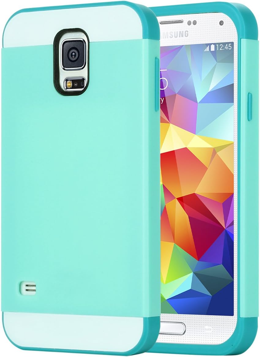 ULAK Galaxy S5 Case, S5 Case, 2in1 Hybrid Dual Layer Slim Protective Case Cover for Samsung Galaxy S5 / Galaxy SV/Galaxy S V/Galaxy i9600 2014 (Plastic Hard Shell and Flexible TPU) Light Cyan/Cyan