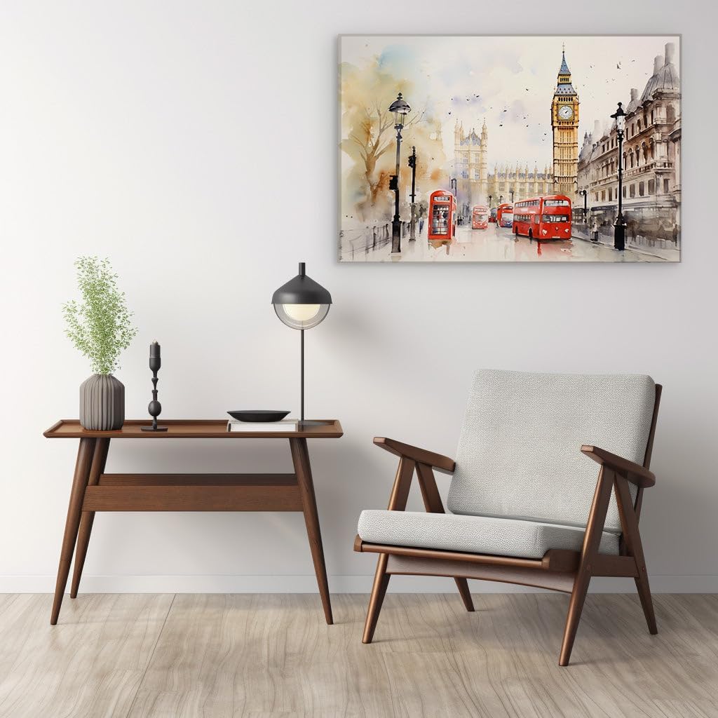 Canvas for Living room. London Life in Watercolor: Double-Decker Charm Meets the Grandeur of Big Ben, 27 x 18 inch Canvas Wall Art - Contemporary Masterpieces - Modern Home Decor