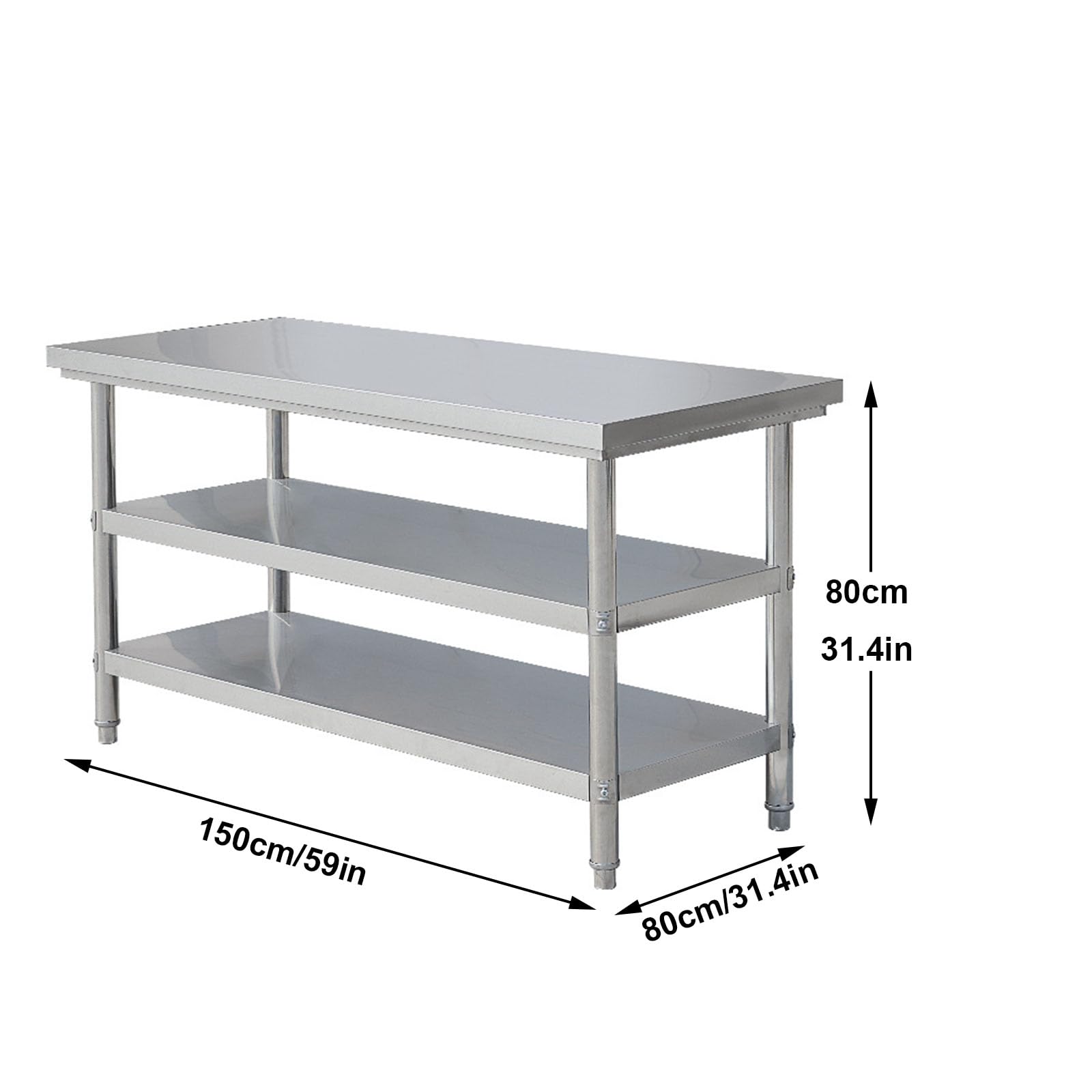 Inless - Tavolo da lavoro commerciale in acciaio con ripiano a 3 ripiani, da 99,8 cm a 149,9 cm, ideale per la cucina e la preparazione di cibi casalinghi, 150 x 80 cm