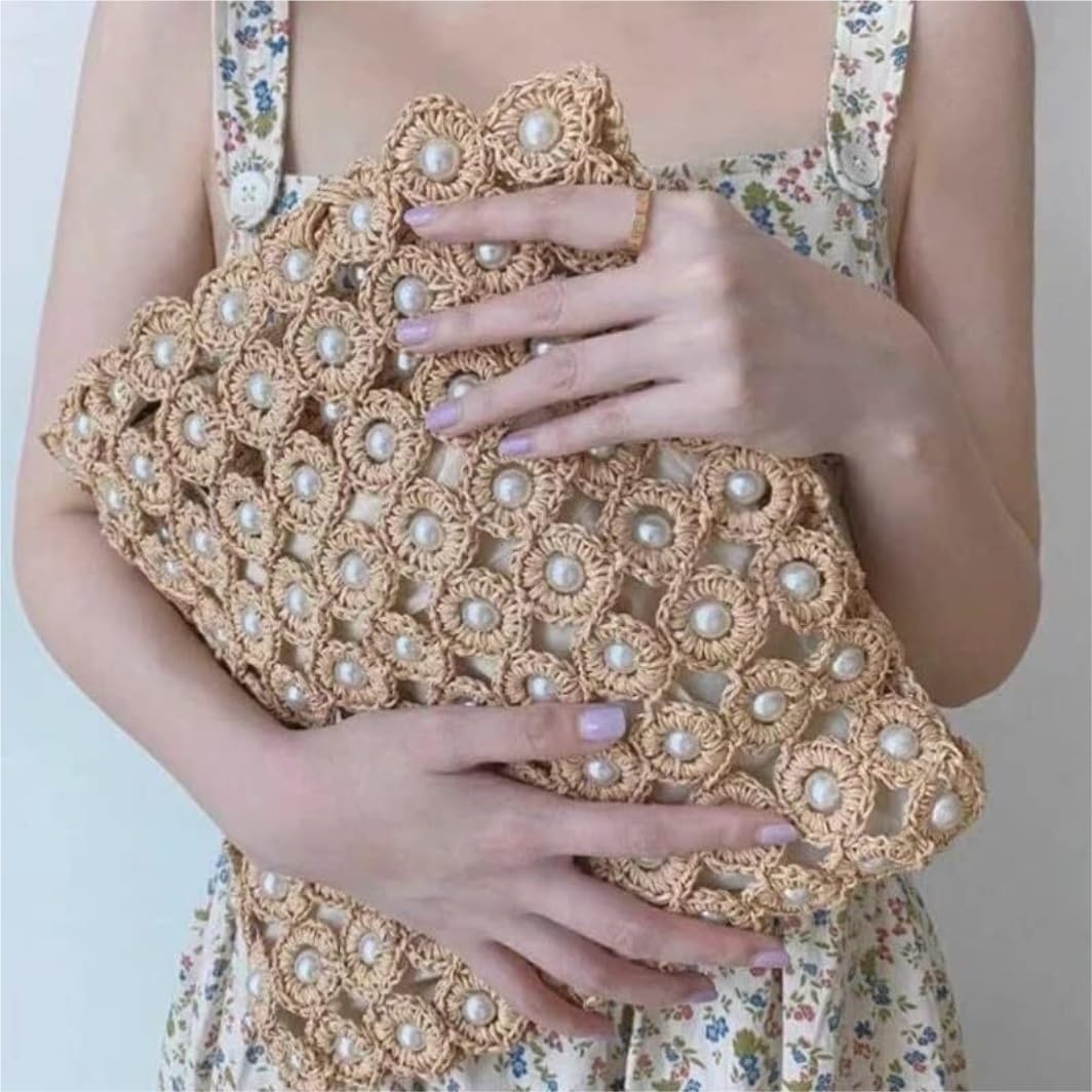 Bolso Mujer Bolsos De Paja Verano Hombro Tejidos con Perlas para Mujer Paja Mano