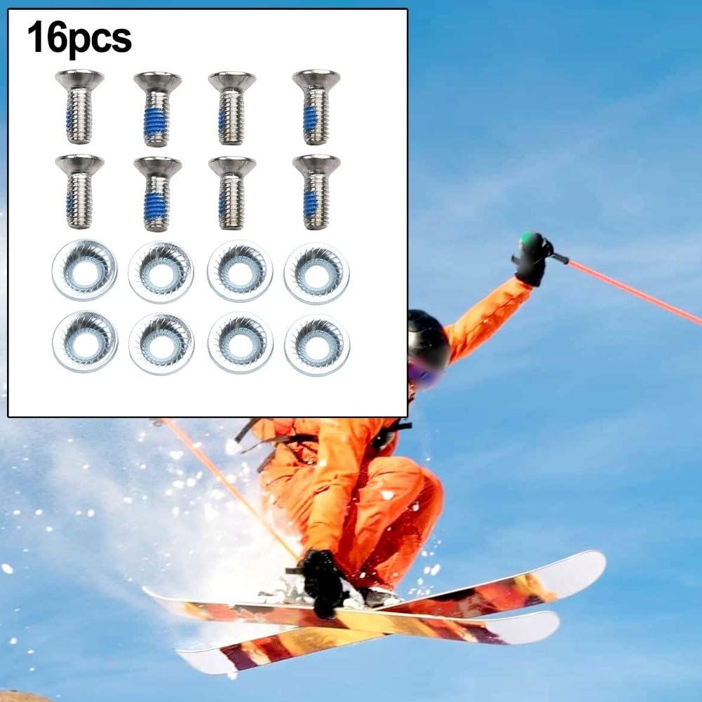 Lot de 16 vis fixes M6 x 16 avec rondelles – Matériel de montage de fixation en métal pour réparation de pièces de ski et de snowboard – Comprend des entretoises, design antidérapant (8 pièces)