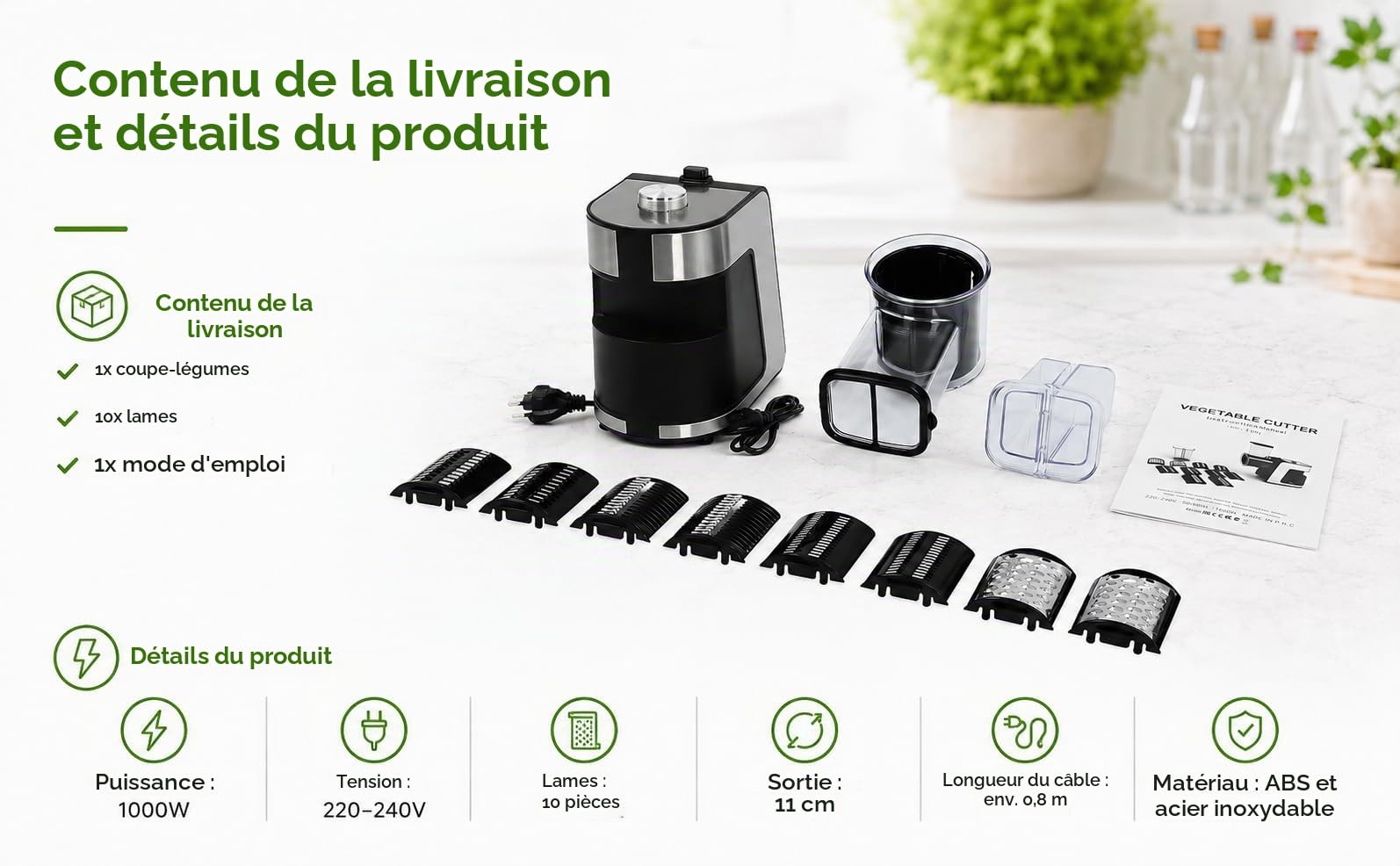 1000W Râpe a Légumes Électrique Avec 10x Lames en acier inoxydable, Découpe Légumes Électrique pour Carottes, Fromage,Concombre,Oignons (Noir)