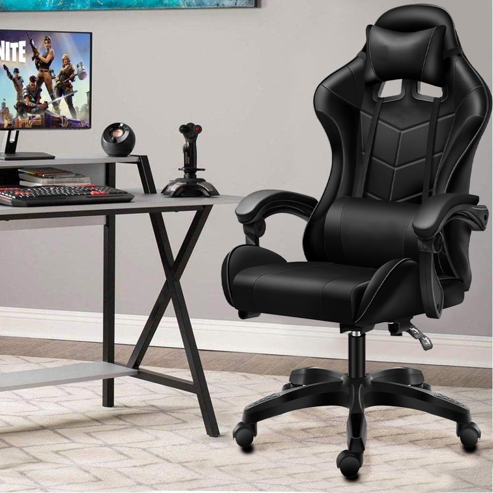 BAKAJI Sedia Poltrona Gaming Scrivana Ufficio Casa in Ecopelle Schienale Reclinabile Cuscino Lombare Poggiatesta Rotazione 360 Gradi Direzionale Altezza Regolabile Base 5 Ruote (Black)