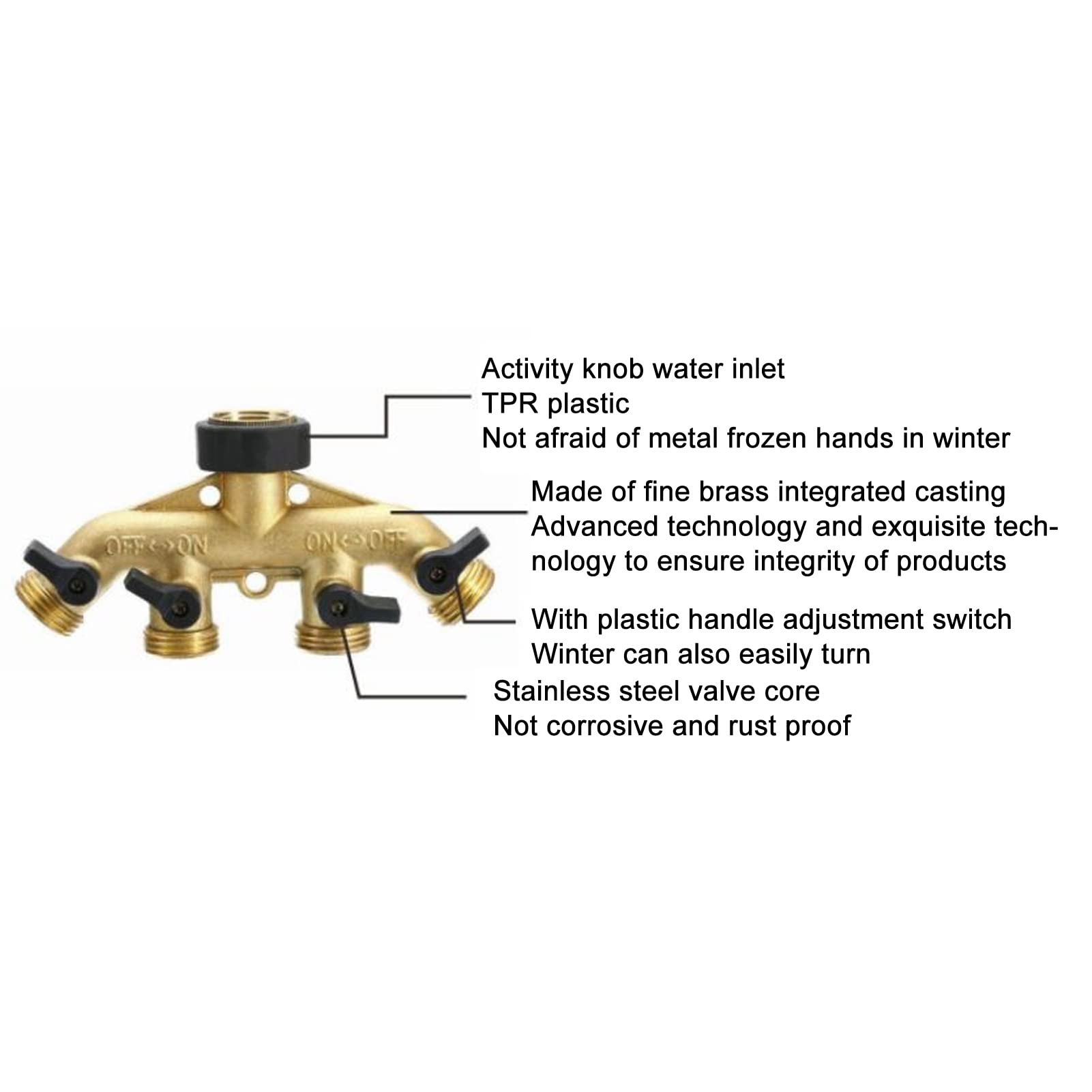 Divisor de agua de 4 vías, divisor de manguera de jardín de metal de 4 vías, conector de manguera de agua resistente para riego de jardín