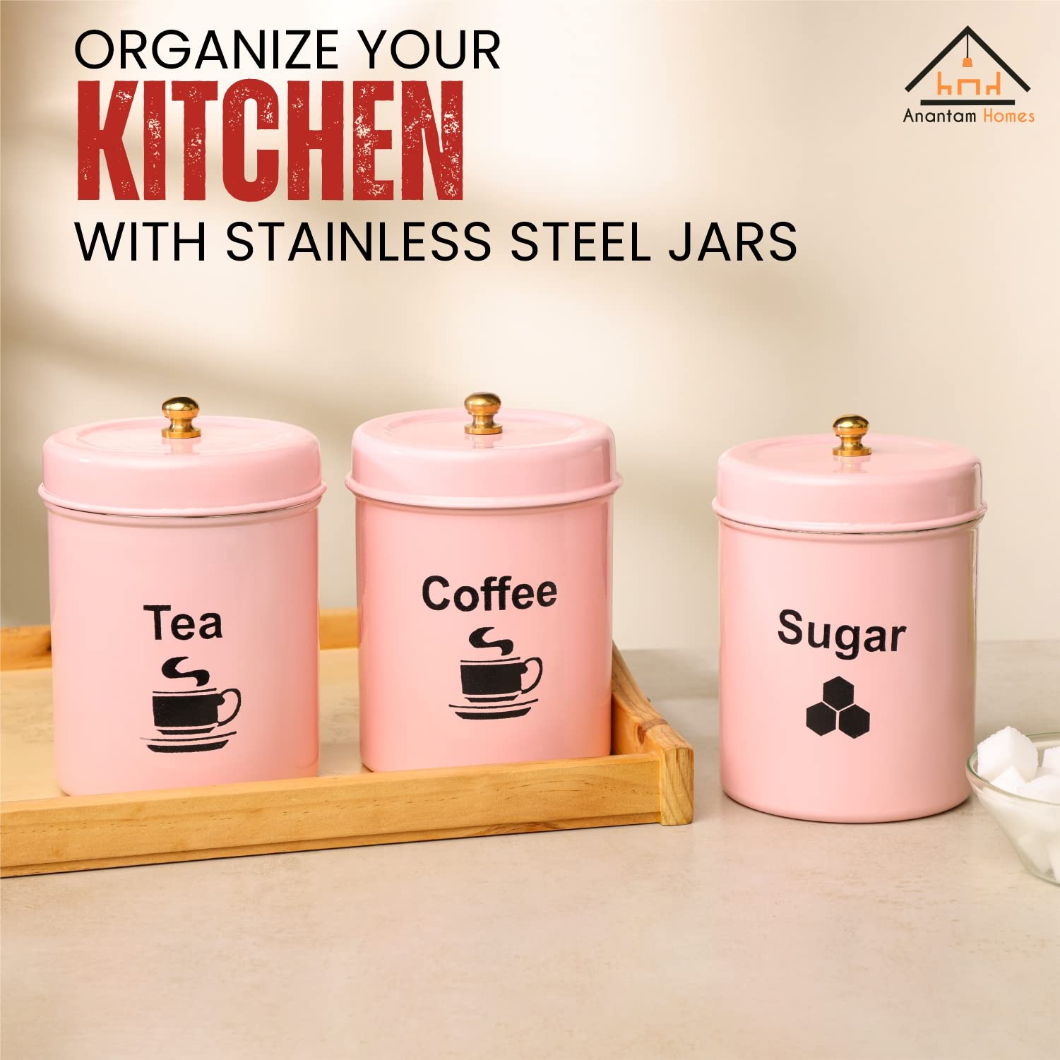 anantam homes Tarro de acero inoxidable | Contenedor | Juego de recipientes para té, café y azúcar | Juego de 3 recipientes para té, café y azúcar | 800 ml cada uno (TCS-rosa claro)
