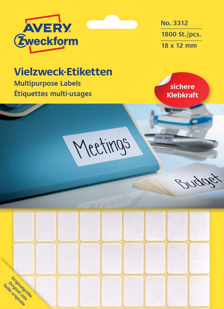 Avery Zweckform 3312 Haushaltsetiketten – selbstklebend, 18 × 12 mm, weiß, 1.800 Aufkleber auf 25 Bögen