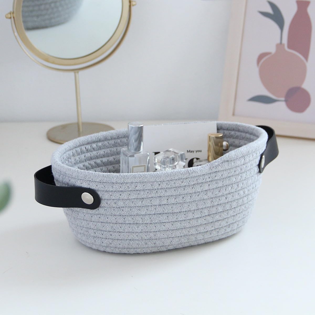 Kamuavni Small Storage Organizer Cute Cotton Rope Basket Bins with Handles Small Woven Basket for Keys/Makeup Baby Girl Nursery Baskets Empty Gifts Baskets 9.1x7.1x4 inch-Grey