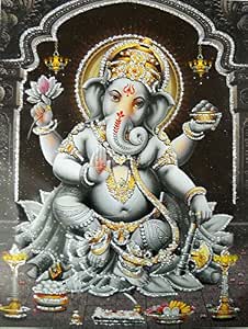 Crafts Of India Blessing Ganesha Poster/Reprint Hindu God Picture With Golden Foil (Unframed : Size 5"X7" Inches