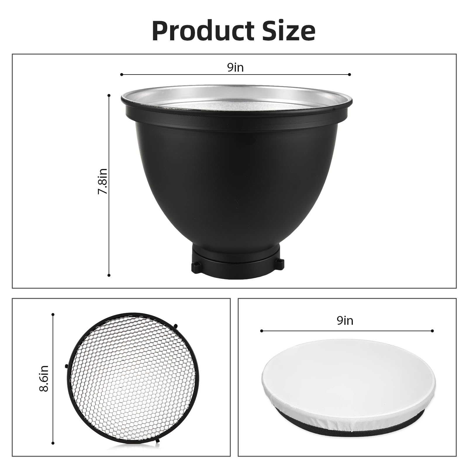 Andoer Diffusore riflettore da 9 pollici con griglia a nido d'ape da 60° e panno morbido bianco, riflettore standard con supporto Bowens, forma lampada per fotografia, flash da studio, Speedlite