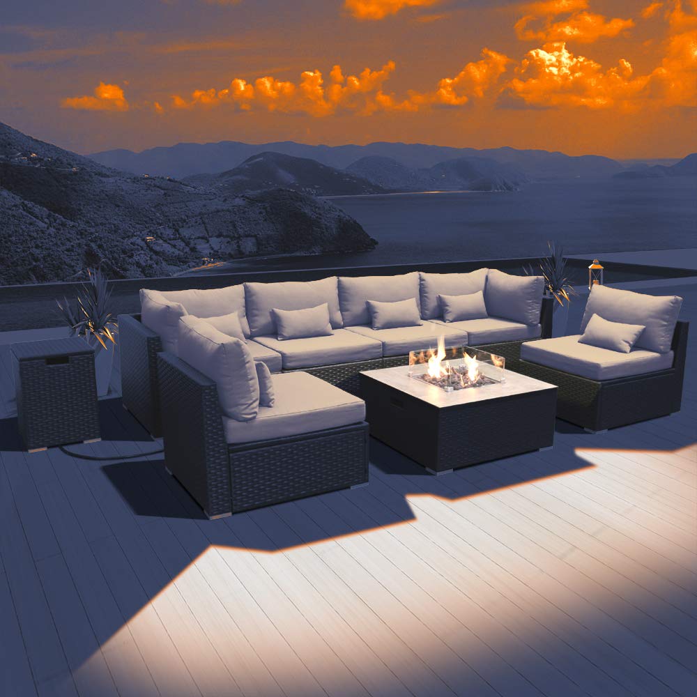 Amazon Com Modenzi Outdoor Sectional Patio Furniture With Propane Fire Pit Table Espresso Brown Wicker Resin Garden Conversation Sofa Set G7 Sofa Square Fire Pit Light Beige Kitchen Dining