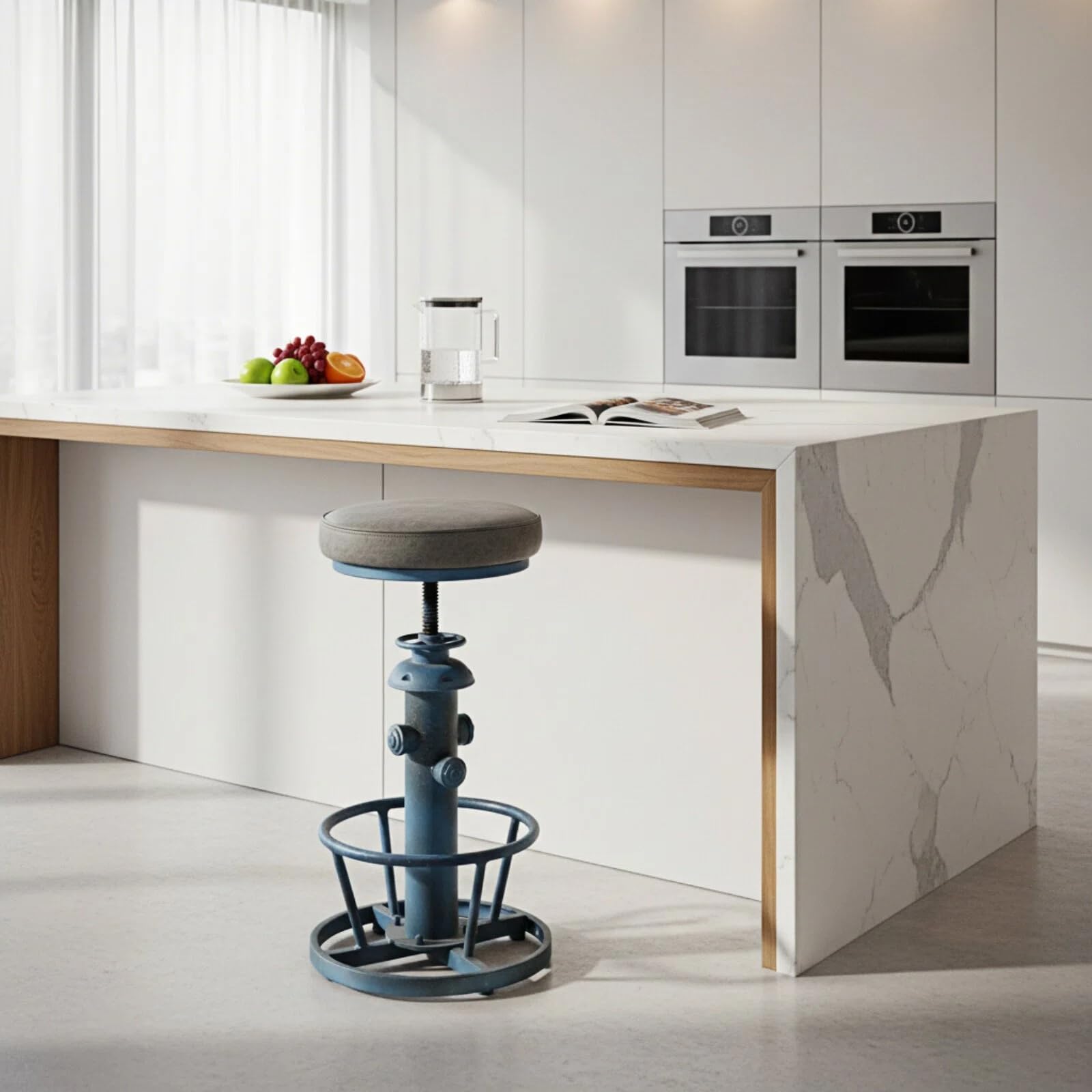 Topower Antique Industrial Round Bottom Adjustable Height Cafe Coffee Retro Vintage Stylish Water Pipe Design Pub Kitchen Bar Stool (Antique Blue, PU