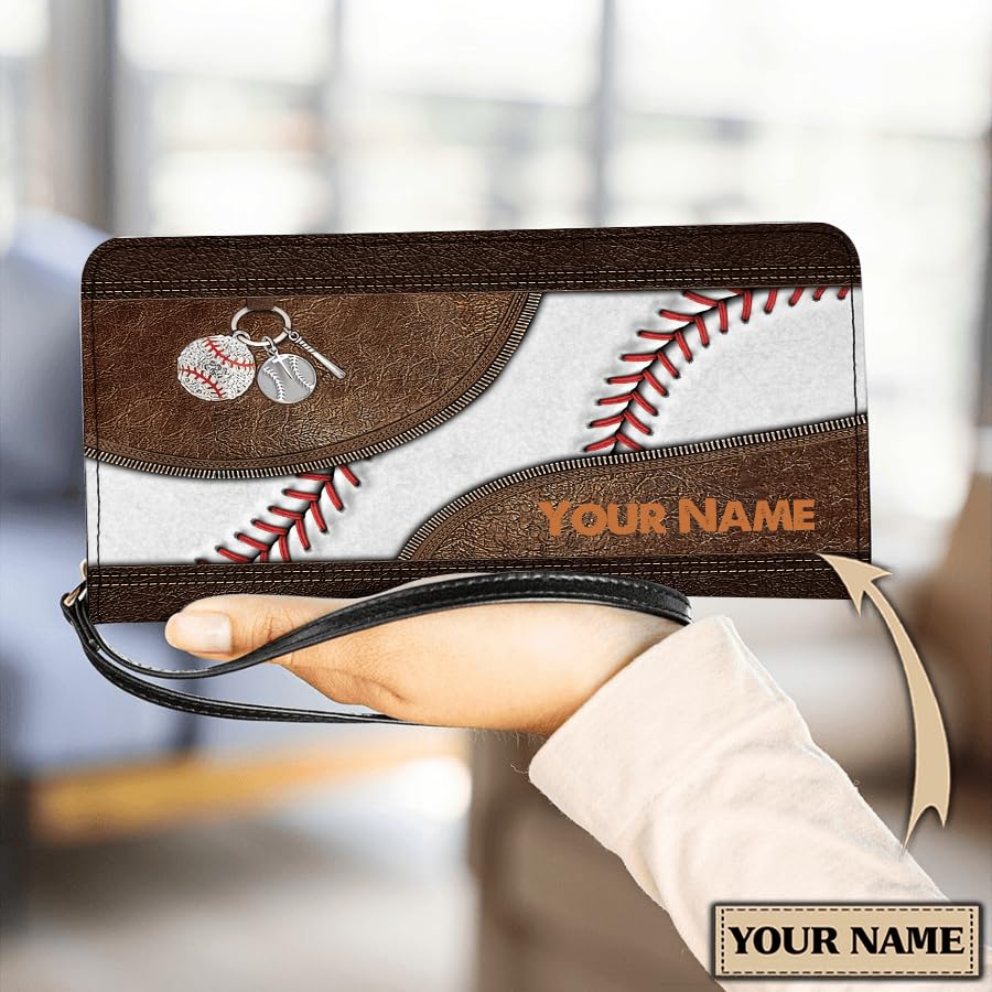 Personalized Baseball Women Leather Wallet, Baseball Player Zipper Wallet, Baseball Long Ladies Travel Clutch Wristlet, Custom Gifts For Baseball Lover (One Size, Baseball)