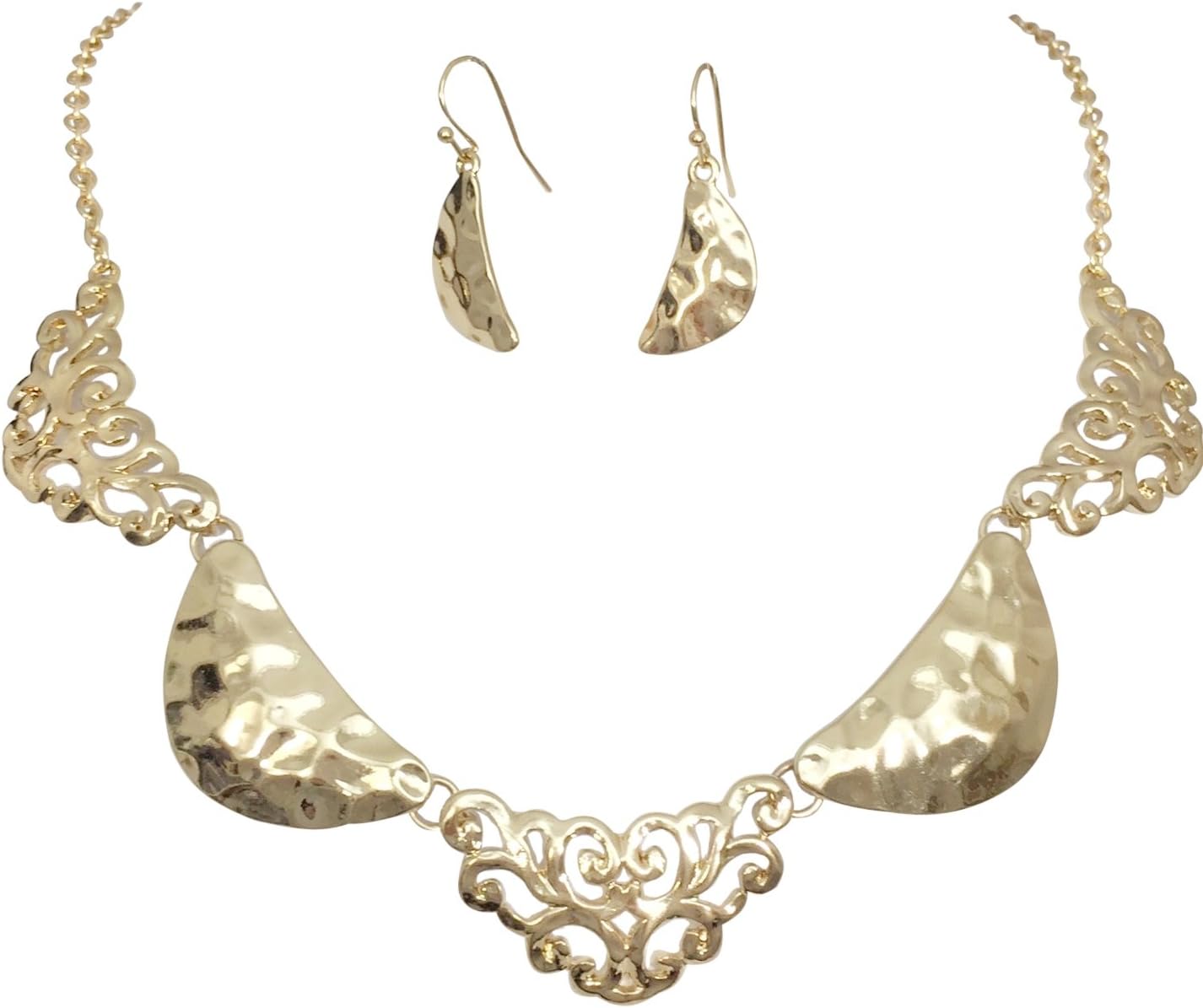 Gypsy Jewels Filigree Swirl & Hammered Connected Cresents Designer Look Necklace & Earrings Set (Gold Tone)